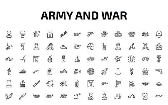 army and war outline icon set. 72 linear vector for ui, web and mobile. thin line lieutenant, parachute, granade and more icons.