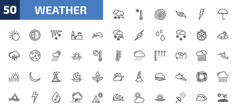 weather outline icon set. 50 linear vector for ui, web and mobile. thin line blizzard, cold, isobars and more icons.