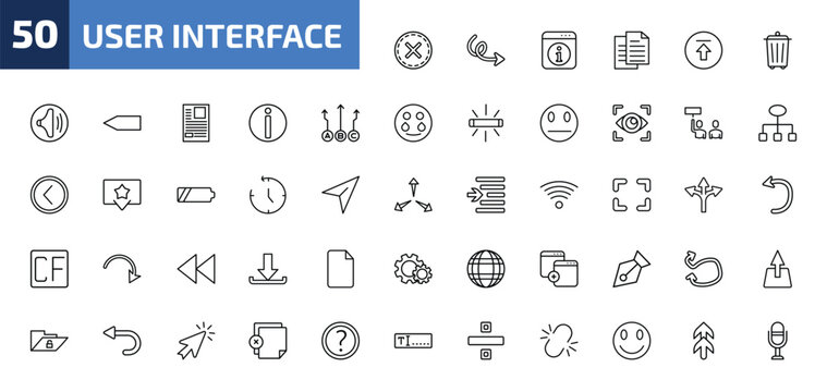 user interface outline icon set. 50 linear vector for ui, web and mobile. thin line close, sketch loop arrow, information button and more icons.