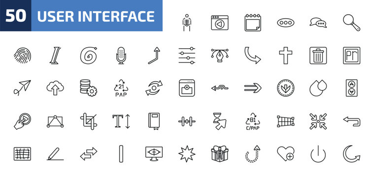 user interface outline icon set. 50 linear vector for ui, web and mobile. thin line anatomy class skeleton, video in browser, padnote and more icons.