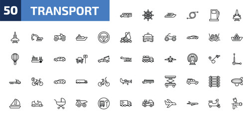 transport outline icon set. 50 linear vector for ui, web and mobile. thin line airport shuttle, ship helm, yacht and more icons.