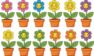 Obraz premium Cute cartoon smiling flower pots collection with colorful petals and happy faces in a flat vector style for kids' education.
