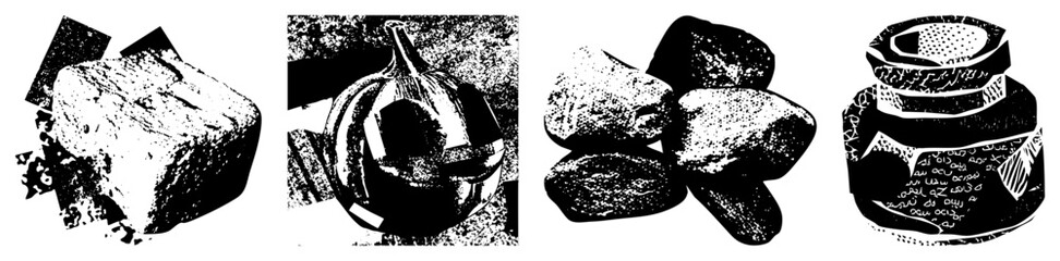 Obraz premium Four distinct objects rendered in halftone style bread loaf, vase, pebbles, inkwell. Vector art with textured shading, isolated foreground, palette.