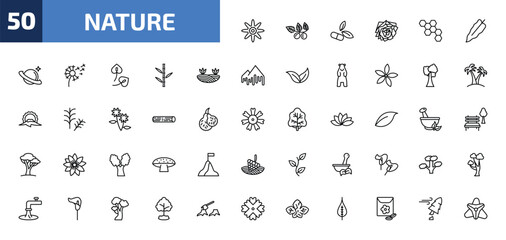 nature outline icon set. 50 linear vector for ui, web and mobile. thin line petals, briar leaf, natural medical pills and more icons. © Farahim