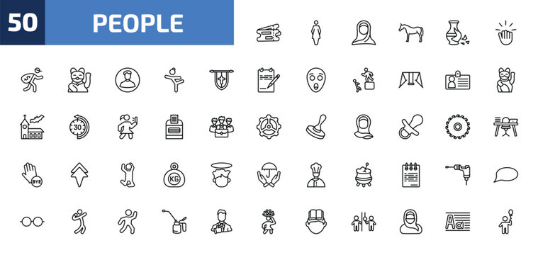 people outline icon set. 50 linear vector for ui, web and mobile. thin line validating ticket, women's bathroom, araba woman and more icons.