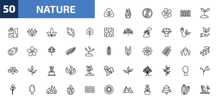 nature outline icon set. 50 linear vector for ui, web and mobile. thin line cordate, fire flame, fengshui and more icons.