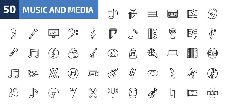music and media outline icon set. 50 linear vector for ui, web and mobile. thin line playlist, marimba, bold double bar line and more icons.