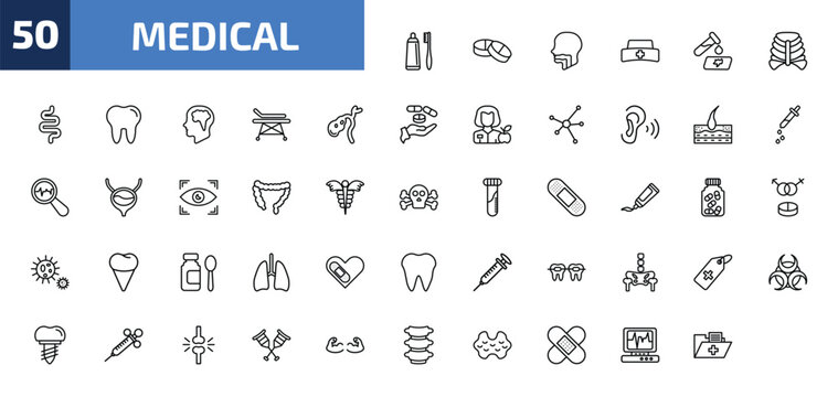 medical outline icon set. 50 linear vector for ui, web and mobile. thin line brush with tooth paste, tablets, pharynx and more icons.