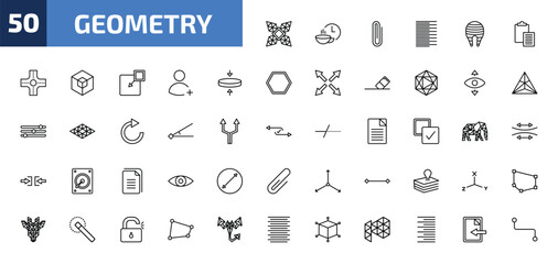 geometry outline icon set. 50 linear vector for ui, web and mobile. thin line polygonal windmill, break, clip and more icons.
