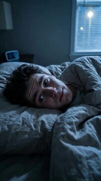 Restless Young Man Suffering from Insomnia and Anxiety in Bed at Night