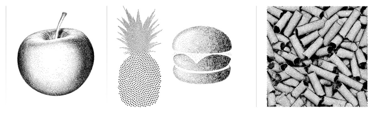 Vector halftone render of food items,, burger, cigarillos. dot, isolated foreground, no background. Food graphic, stylized, dot art.