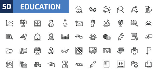 education outline icon set. 50 linear vector for ui, web and mobile. thin line sherlock holmes, parasites, planet saturn and more icons. © Farahim