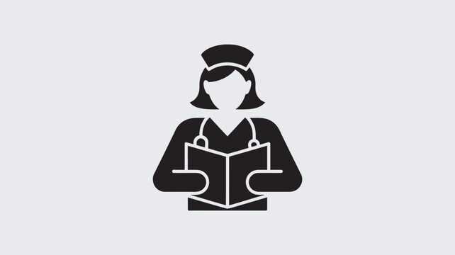 A female nurse icon reading a book in a simple black and white design