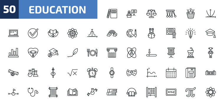 education outline icon set. 50 linear vector for ui, web and mobile. thin line hardbound book variant, teacher giving lecture, law and more icons.