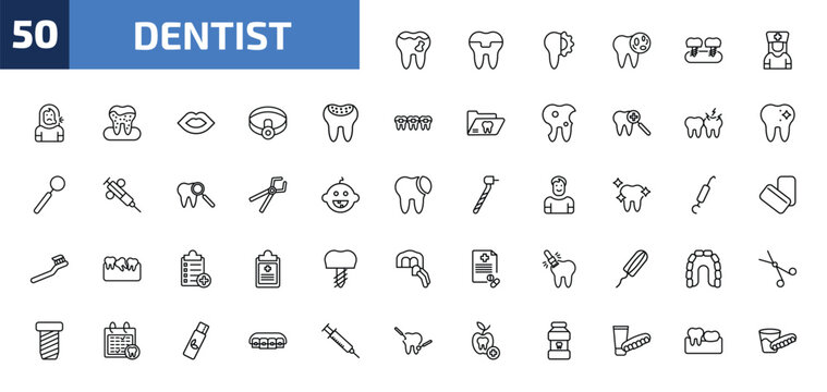 dentist outline icon set. 50 linear vector for ui, web and mobile. thin line cavities, molar crown, apicoectomy and more icons.