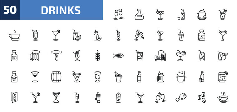 drinks outline icon set. 50 linear vector for ui, web and mobile. thin line wine toast, mashing, last word drink and more icons.