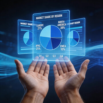 Holographic interface displaying market share by region (North America, Europe, APAC, EMEA). Futuristic business data visualization for strategic decision-making and performance analysis.