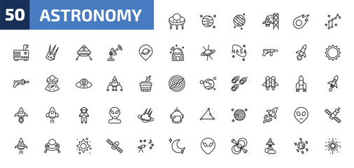 astronomy outline icon set. 50 linear vector for ui, web and mobile. thin line big ufo, neptune with satellite, jupiter with satellite and more icons. © Farahim