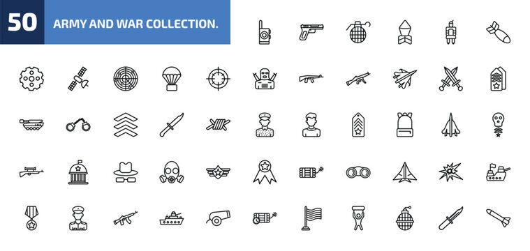 army and war collection. outline icon set. 50 linear vector for ui, web and mobile. thin line walkie talkie, , granade and more icons.