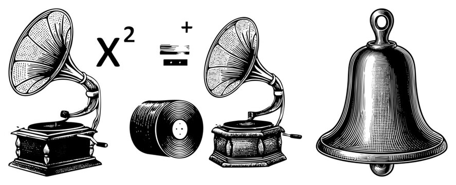 Antique gramophone with horn and record, vintage bell, mathematical equation, engraved art, retro equipment, historical sound device.