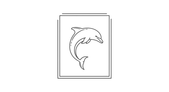 Minimalist outline illustration of a jumping dolphin in a square frame