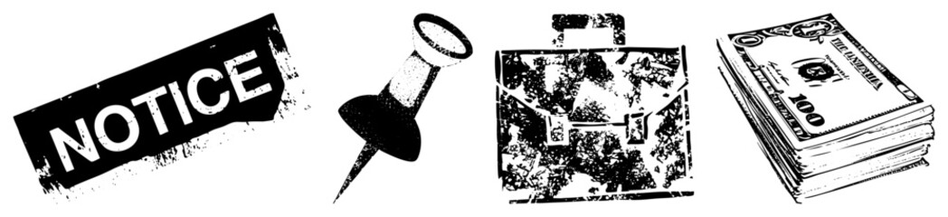 Fototapeta premium Distressed black and white office symbols including notice stamp, pushpin, briefcase, and hundred dollar bills, vector graphic with textured grit and ink smudges.