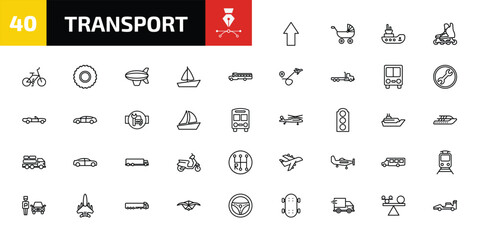 Naklejka premium transport outline icon set. 40 linear vector for ui, web and mobile. thin line shift, pram, tugboat and more icons.