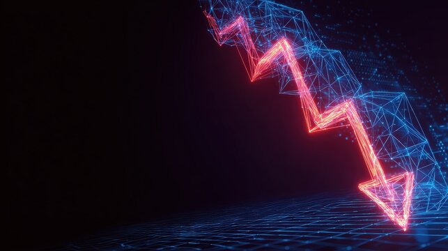 An ominous red arrow plummets downwards, symbolizing economic downturn in a digitized illustration. ..Created with Generative AI, not depicting real subjects.
