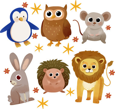 Cute Watercolor Forest and Safari Animal Character Set with Flowers and Stars for Nursery Decor and Kids Design