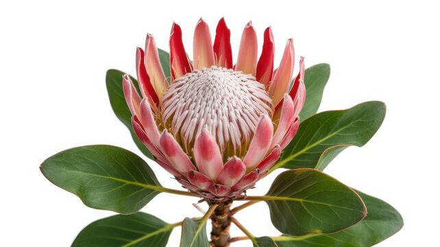 A detailed close-up of a vibrant king protea flower in full bloom isolated on a white background