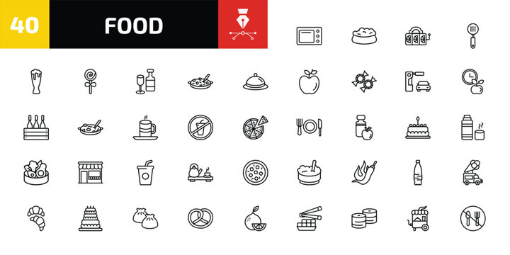 food outline icon set. 40 linear vector for ui, web and mobile. thin line kitchen pack, dog food, slot and more icons.