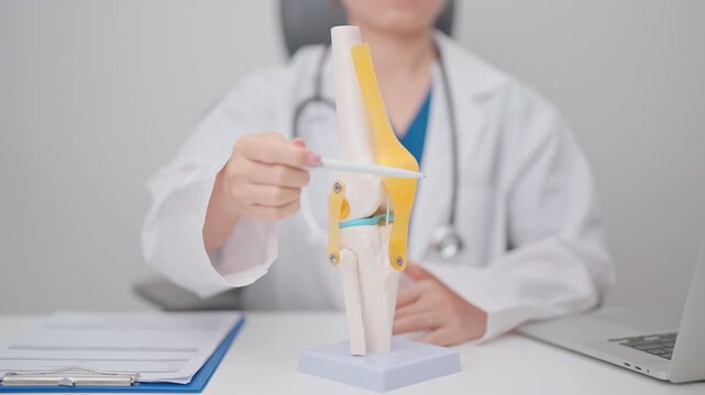 Doctor with Human Knee joint anatomy model. Osteoarthritis, Patellofemoral Pain Syndrome, Patellar Tendinitis, ACL, Anterior Cruciate Ligament, PCL, Posterior, MCL, Medial Collateral, LCL and Lateral