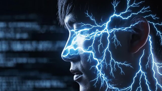 Mans head with blue electrical lightning effect around ear and face