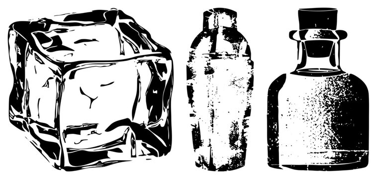 Stylized ice cube with textured highlights, vintage glass bottles with stoppers, halftone shading, graphic design elements, aesthetic.