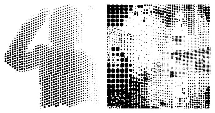 Vector graphic using halftone dots to form abstract forms, black and white, stylized geometric shapes, graphic design element, digital art texture.