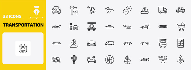 Naklejka premium transportation outline icon set. 33 linear vector for ui, web and mobile. thin line car, car repair, carrier and more icons.