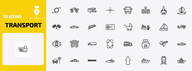 transport outline icon set. 33 linear vector for ui, web and mobile. thin line recirculation, monster truck, camper car and more icons. © Farahim