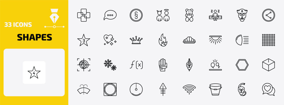 shapes outline icon set. 33 linear vector for ui, web and mobile. thin line four squares, speech bubble black, paragraph and more icons.