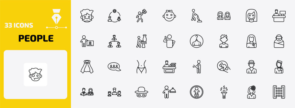 people outline icon set. 33 linear vector for ui, web and mobile. thin line hipster smile, ecosystem, success man happy and more icons.