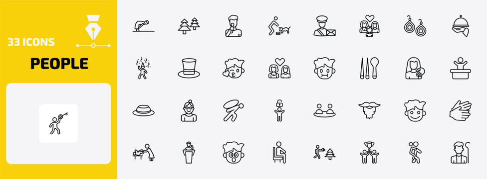 people outline icon set. 33 linear vector for ui, web and mobile. thin line ruku, norwegian, man singing and more icons.