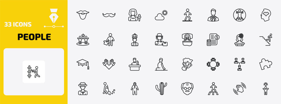 people outline icon set. 33 linear vector for ui, web and mobile. thin line beard, hairy, foreign reporter and more icons.