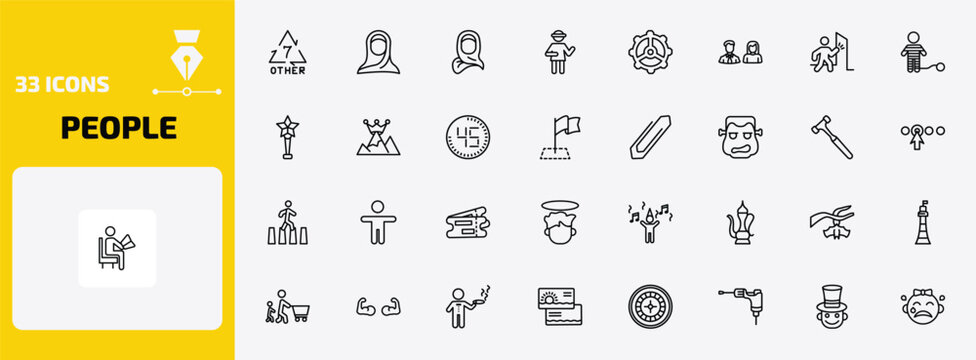 people outline icon set. 33 linear vector for ui, web and mobile. thin line 7 other, araba woman, woman with hijab and more icons.