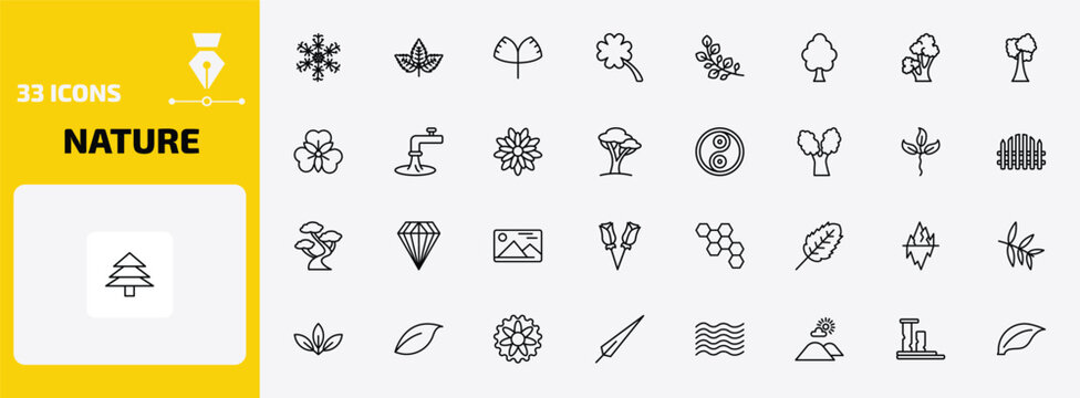 nature outline icon set. 33 linear vector for ui, web and mobile. thin line big snowflake, straberry leaf, ginkgo and more icons.