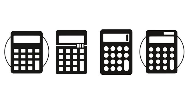 Set of four calculator icons in black outline style for graphic design projects.