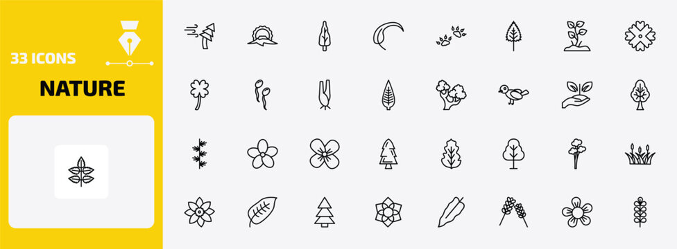 nature outline icon set. 33 linear vector for ui, web and mobile. thin line windstorm, japanese, arborvitae tree and more icons.