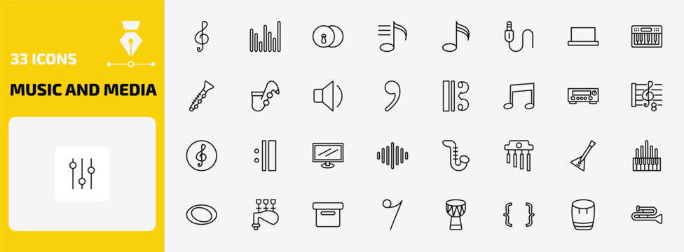music and media outline icon set. 33 linear vector for ui, web and mobile. thin line treble clef, sound bars, cymbals and more icons.
