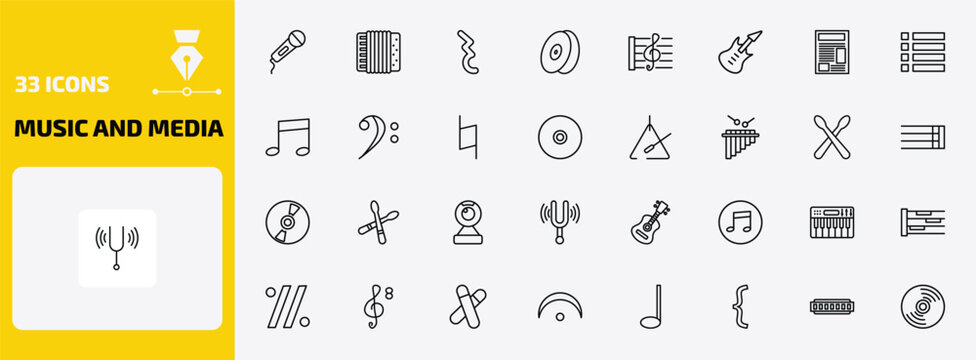 music and media outline icon set. 33 linear vector for ui, web and mobile. thin line hand mic, accordion, quarter note rest and more icons.