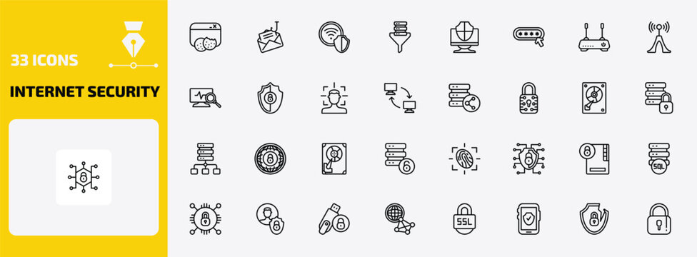 internet security outline icon set. 33 linear vector for ui, web and mobile. thin line web cookies, phishing, wlan and more icons.
