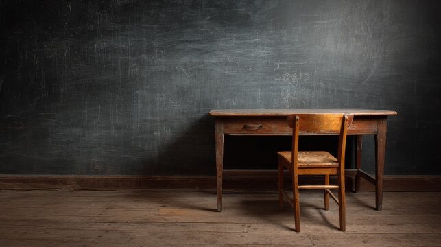 Wooden classroom table placed in front of chalkboard with empty learning space, clean school interior background, educational environment with copy space for teaching concepts and academic themes