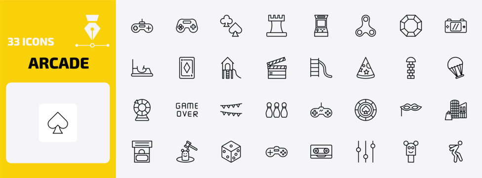 arcade outline icon set. 33 linear vector for ui, web and mobile. thin line game controller, game console, poker and more icons.